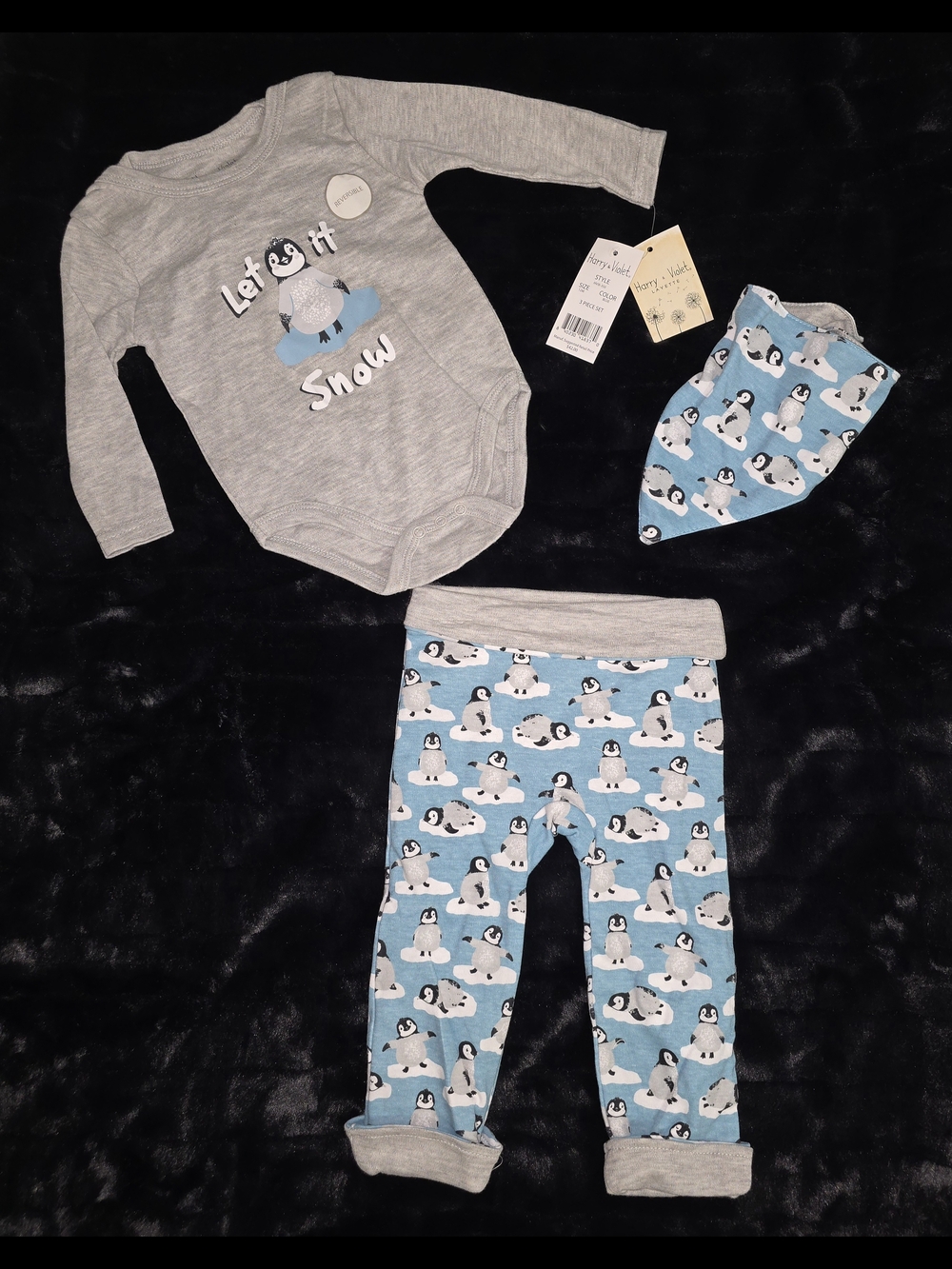 Harry & Violet 3pc Penguin Bodysuit Pants Bandana Set Reversible 12M Gray Blue